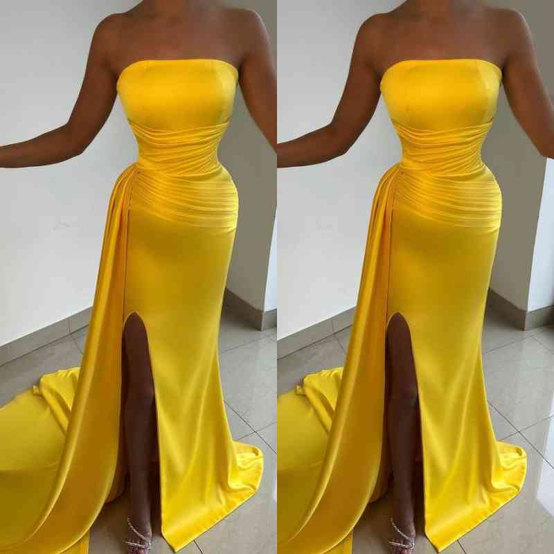 Yellow Strapless Prom Dress Court With Split