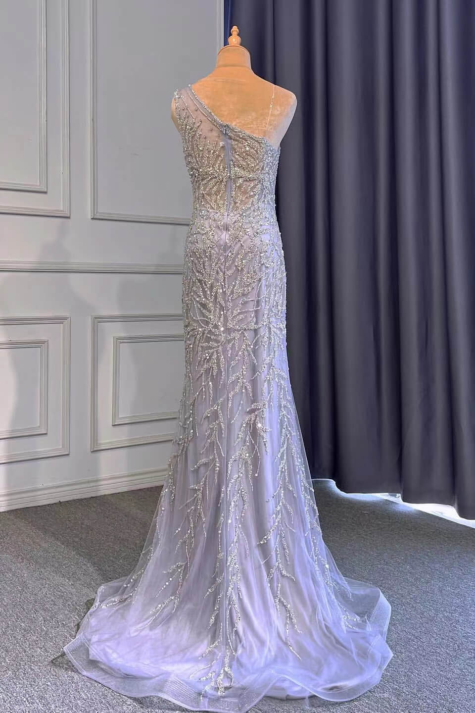 Light Purple Mermaid Prom Dress with Long Ruffles Appliques and Front Split