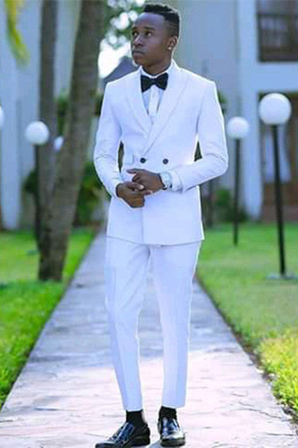 Stylish White Double Breasted Peaked Lapel Mens Wedding Outfit