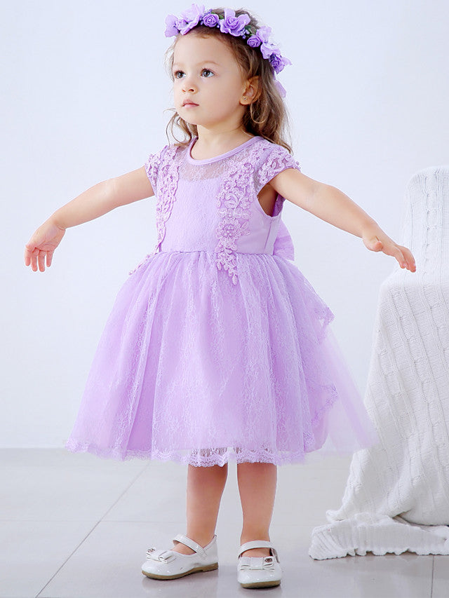 Lace Satin Tulle Flower Girl Dress with Bow Appliques | Short Sleeve Jewel Neck Ball Gown