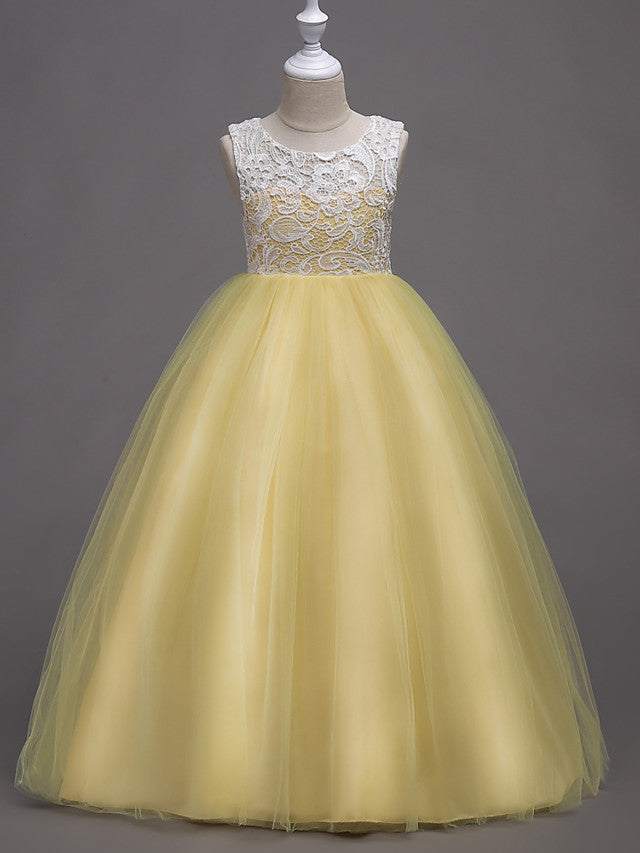 Elegant Lace Satin Tulle Long Length Sleeveless Jewel Neck Flower Girl Dress