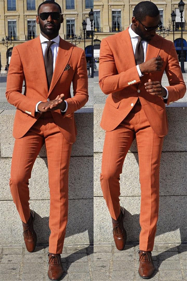 New Arrival Peaked Lapel Casual Orange Wedding Suits for Groom and Groomsmen