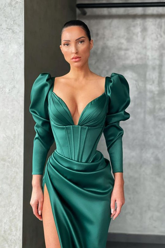 Mermaid Prom Dress with Slit and V-Neck Long Sleeves