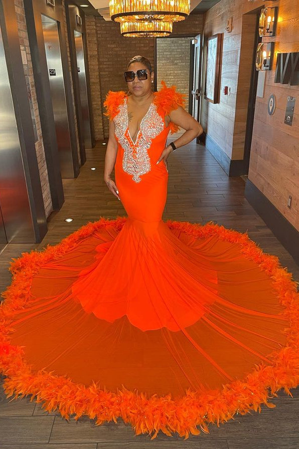 Charming Orange Prom Dress with Beads, Appliques, and Feathers