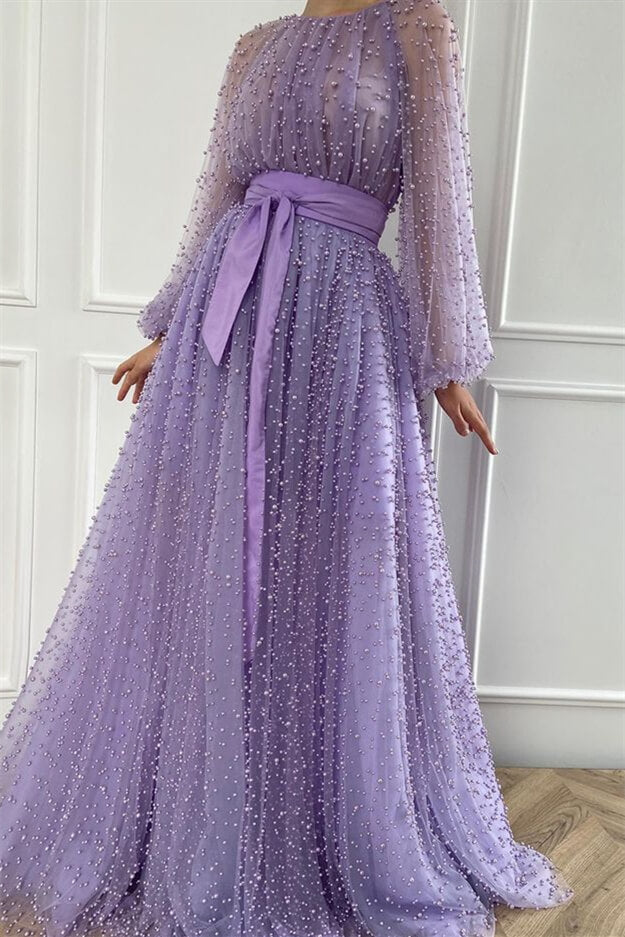 Mermaid Beadings Jewel Evening Dress With Belt and Pearls - Lilac