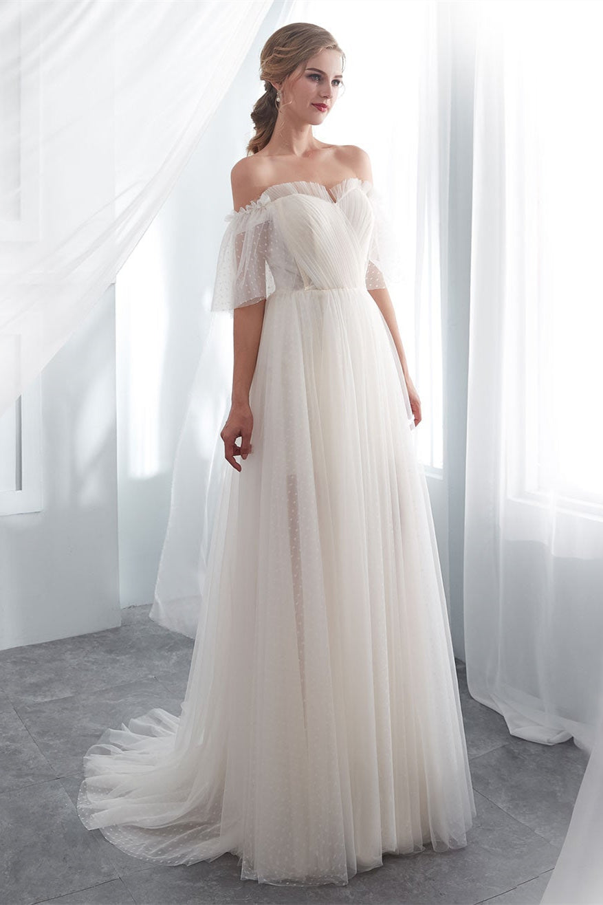 Beach Tulle Wedding Dress with Off-the-Shoulder Style