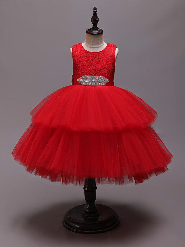 Asymmetrical Jewel Flower Girl Dress with Sleeveless Tulle and Belt - Crystals and Rhinestones