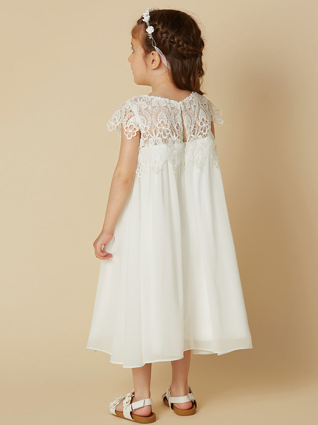 Column Short Sleeve Scoop Neck Lace Flower Girl Dresses