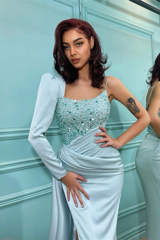 Mermaid Long Sleeves Sequins Prom Dress with Slit