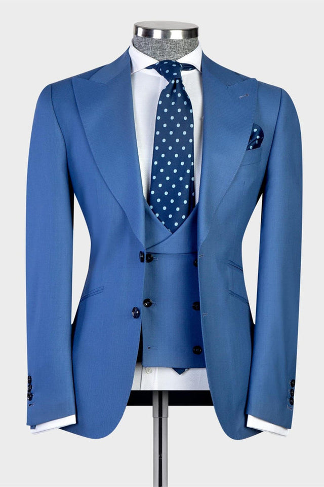 Modern Blue 3-piece Peaked Lapel Men Suit - Business Look