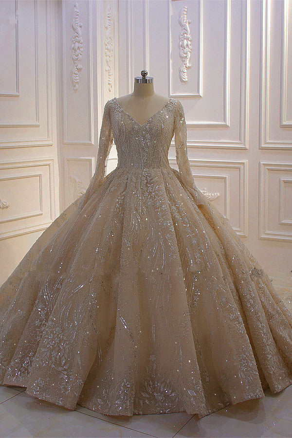 Glamorous Long Sleeves V-neck Ball Gown Wedding Dress With Sequins Beading Ruffles