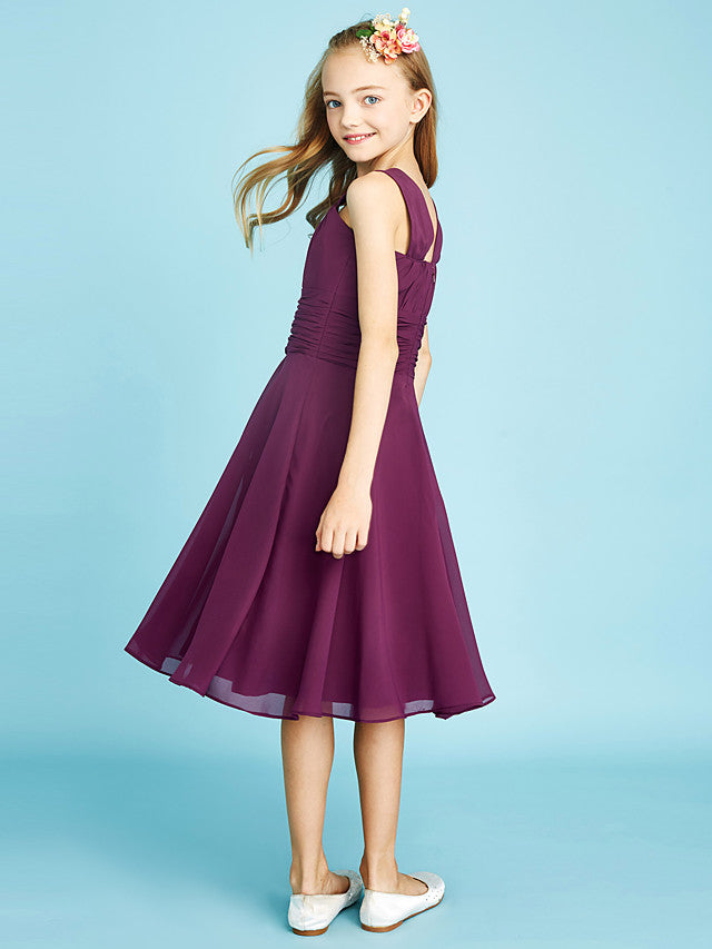 A-Line Straps Knee Length Chiffon Junior Flower Girl Dress with Sash Draping and Natural Look