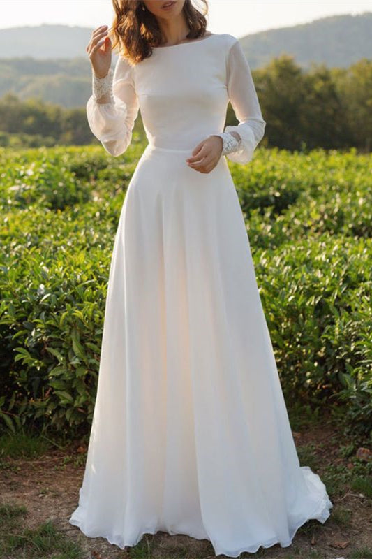 Elegant Long Sleeves Tulle Bateau Boho Wedding Dress A Line Open Back