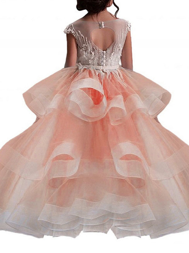 Princess Sleeveless Jewel Neck Flower Girl Dress - Polyester with Bow Embroidery