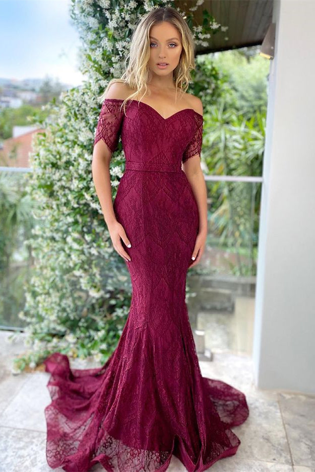 Stunning Off-The-Shoulder Prom Dress - Burgundy Mermaid with Applique