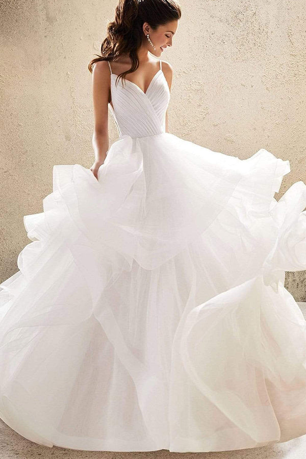 V-Neck Wedding Dress with Ruffles Tulle & Spaghetti Straps