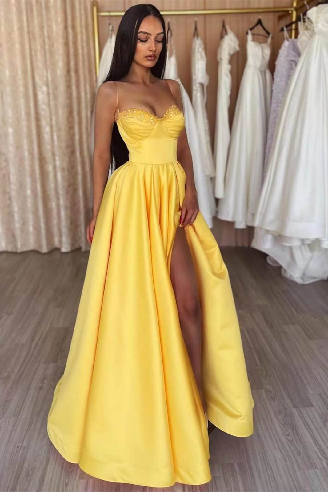 Yellow A Line Dress With Spaghetti Straps for Evening Wear