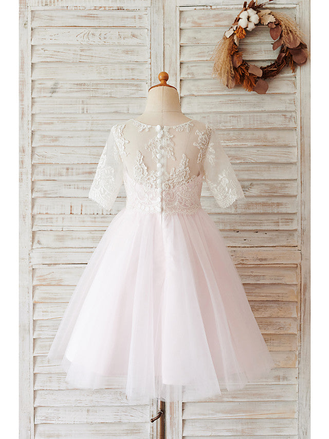 Lace Tulle Half Sleeve Ball Gown Wedding Birthday Flower Girl Dresses With Buttons