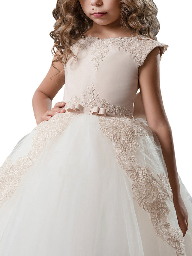 Lace Princess Cap Sleeves Flower Girls Dresses for Floor-length Occasions