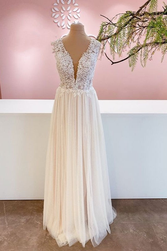 Wide Straps A-Line Floor-Length Wedding Dress with Floral Lace Tulle Ruffles & Backless Design