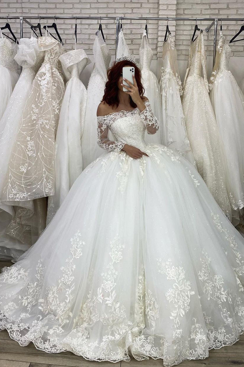 Off The Shoulder Long Sleeves Illusion Ball Gown Wedding Dress With Appliques