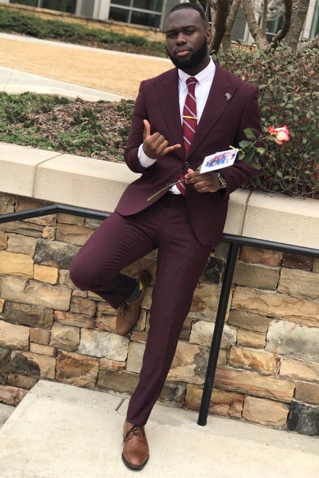 David's Stylish One-Button Dark Burgundy Peaked Lapel Prince Suit for Prom