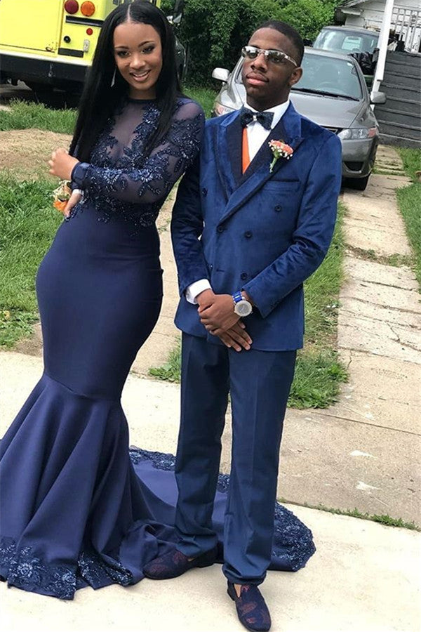 Double Breasted Velvet Navy Blue Prom Outfits for Guys with Peaked Lapel