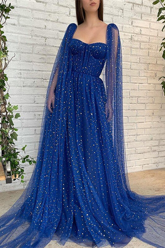 Elegant Royal Blue Tulle Long Evening Dress with Beads and Ruffles