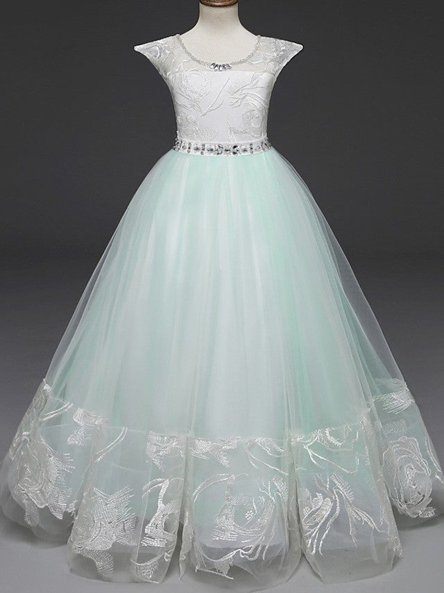 Long Length Cap Sleeve Jewel Neck Flower Girl Dress with Lace Tulle Belt & Crystals Rhinestones