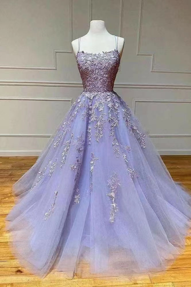 Lilac A-Line Evening Dress with Tulle and Spaghetti-Straps Appliques