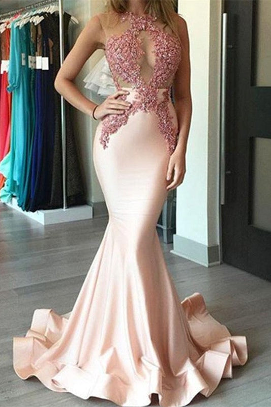 Mermaid Pink Evening Dress with Lace Appliques