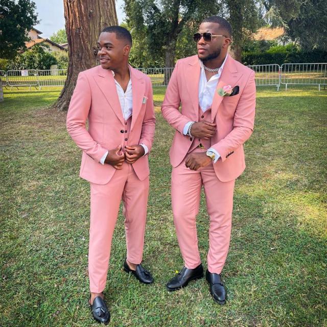 New Arrival Christopher Pink Three Piece Peaked Lapel Groomsmen Suits