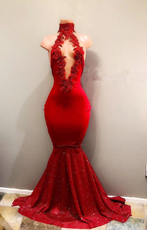 Red Mermaid Prom Dress with High Collar and Sparkly Sequins