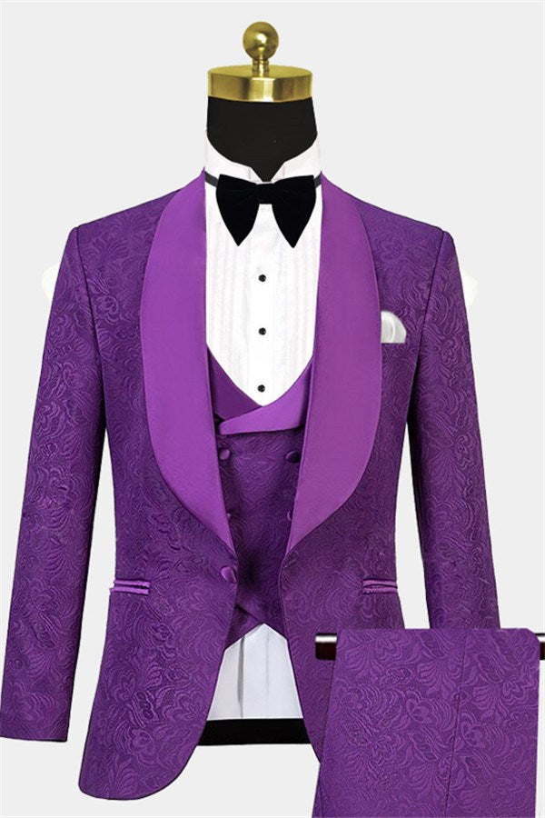 Three Pieces Classic Jacquard Violet Wedding Guest Suit