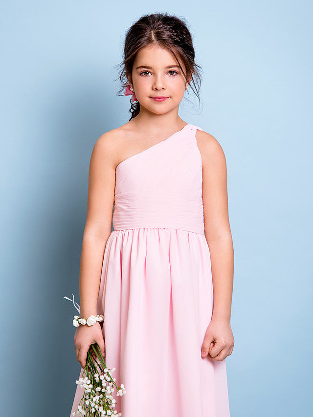 A-Line One Shoulder Knee Length Chiffon Junior Bridesmaid Dress with Ruched Draping Side Draping & Natural Look