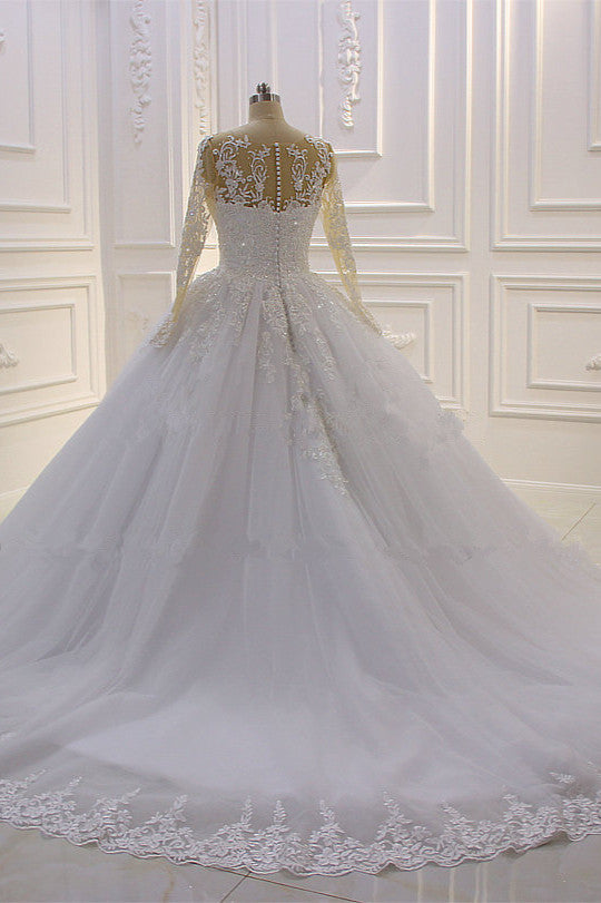 Gorgeous Bateau Long Sleeves Lace A-Line Wedding Dress with Pearl Tulle Appliques