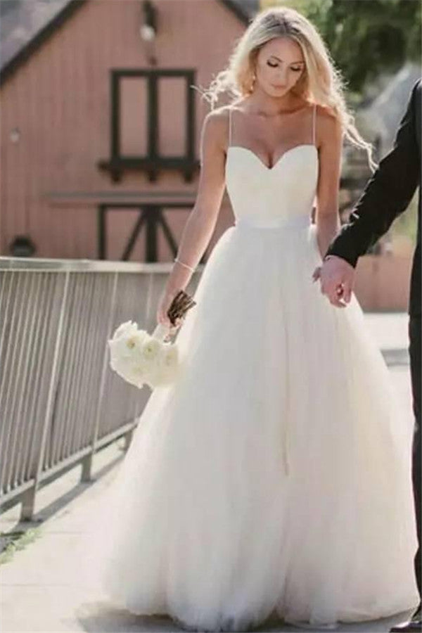 Stunning Tulle Long Spaghetti-Straps Wedding Dress