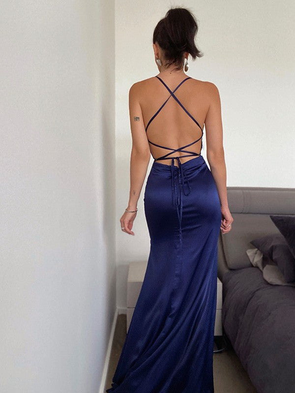 Mermaid Navy Blue Prom Dress with Splits