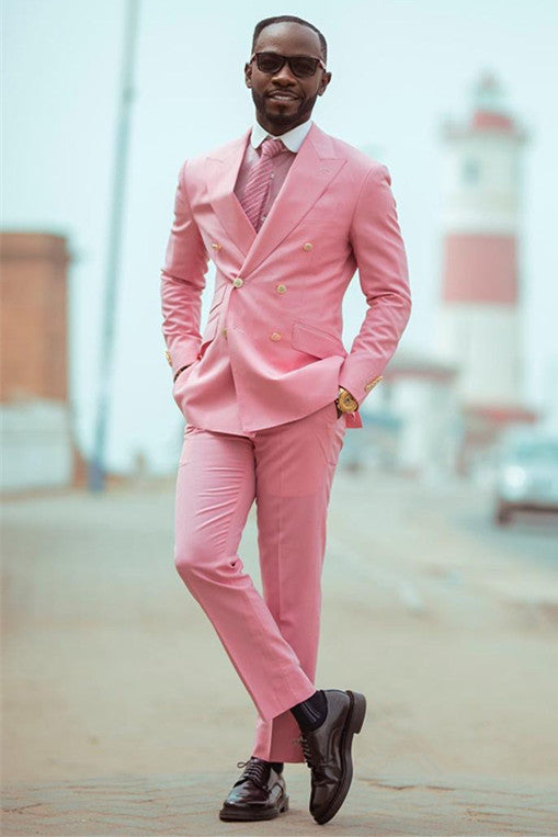 Peaked Lapel Pink Double Breasted Wedding Suit