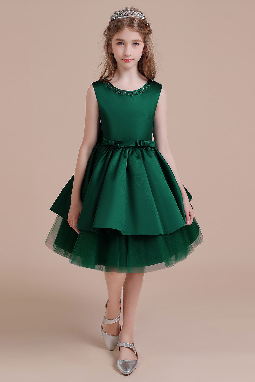 A-line Flower Girl Dress with Bow Beading and Satin Tulle