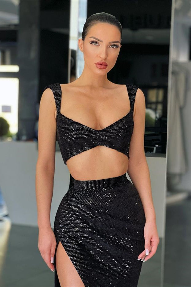 Two-Piece Mermaid Straps Split Prom Dress with Sequins - Black