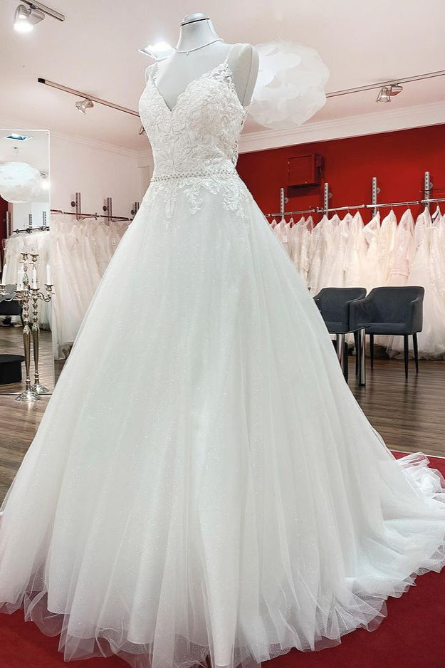 Dreamy A-Line V-Neck Wedding Dress With Lace Ruffles and Spaghetti Straps