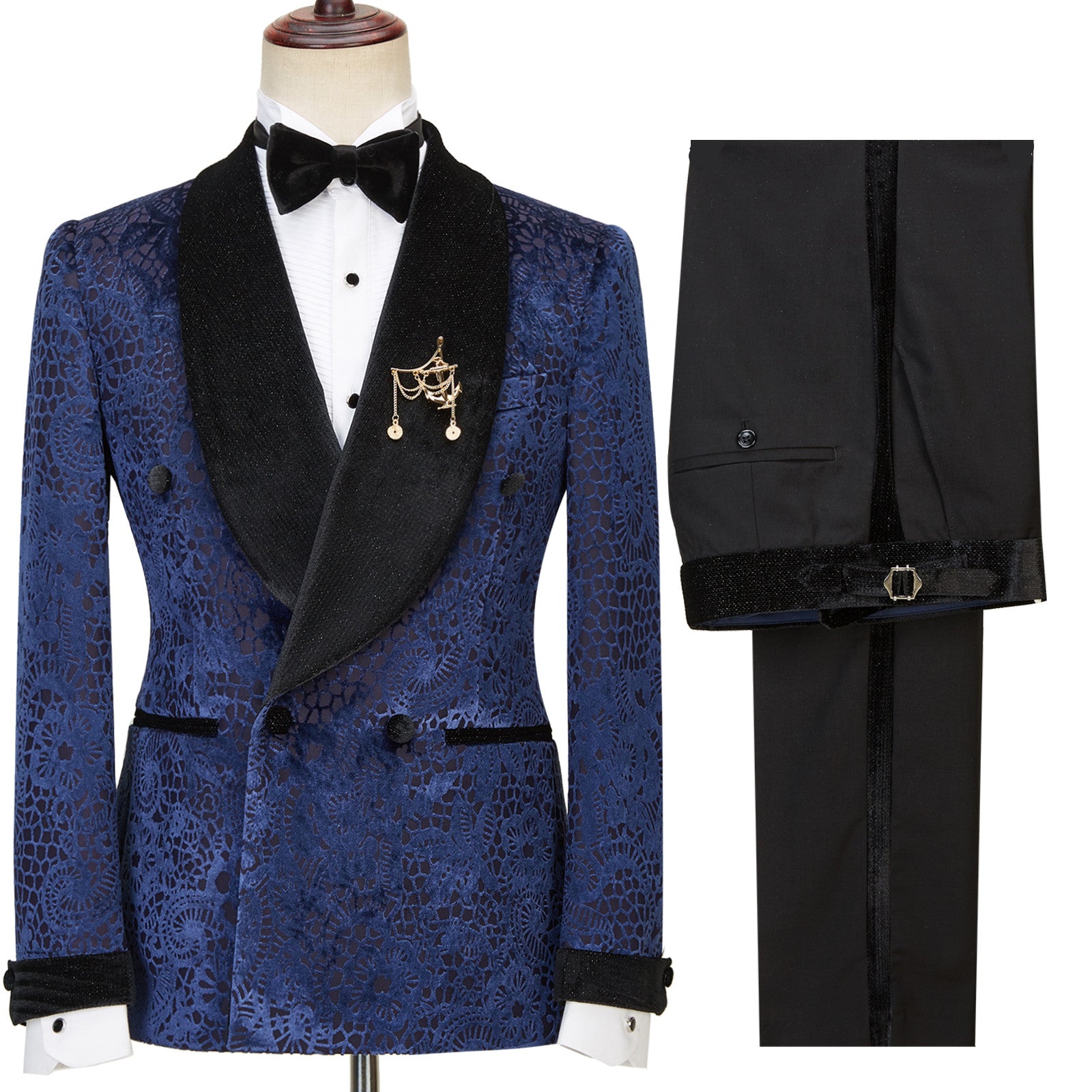 Dark Navy Jacquard Double Breasted Sparkle Shawl Lapel Men Suits For Wedding by Jane