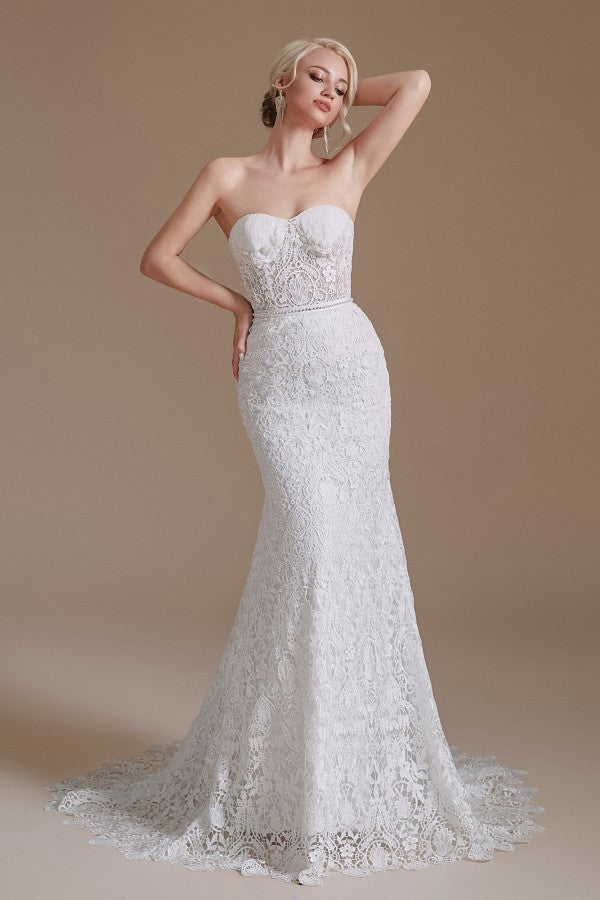 Long Mermaid Wedding Dresses With Detachable Sleeves - Beautiful Sweetheart Lace