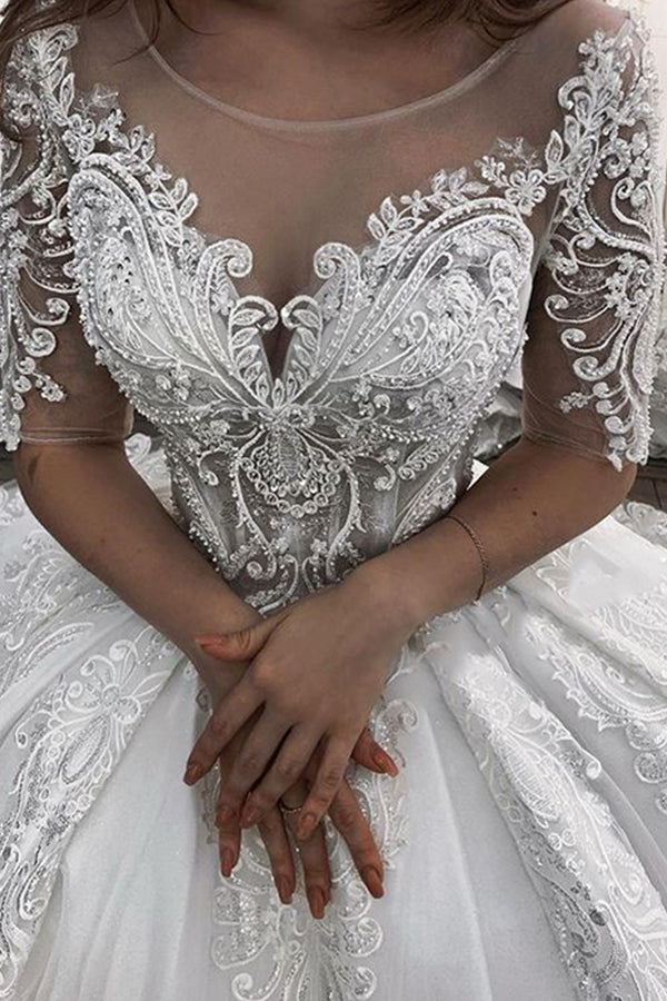 Short Sleeves Sheer Tulle Ball Gown Wedding Dress With Appliques