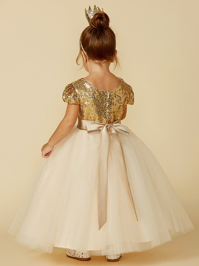 Princess Short Sleeve Jewel Neck Flower Girl Dress with Tulle Sequined Sash & Ribbon Sequin