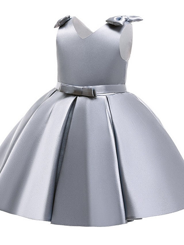 Satin Ball Gown Flower Girl Dress with V Neck & Bow Pleats