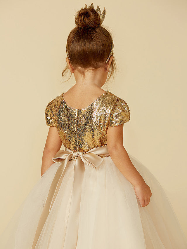 Princess Short Sleeve Jewel Neck Flower Girl Dress with Tulle Sequined Sash & Ribbon Sequin