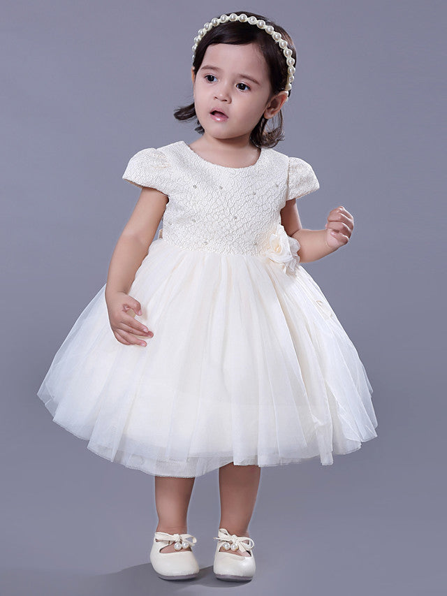 Short Sleeve Beading and Lace Flower Girl Dress with Belt