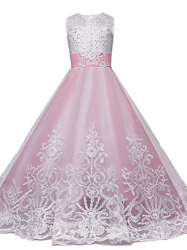 Lace Tulle Princess Maxi Flower Girl Dress with Jewel Neck and Bow Paillette